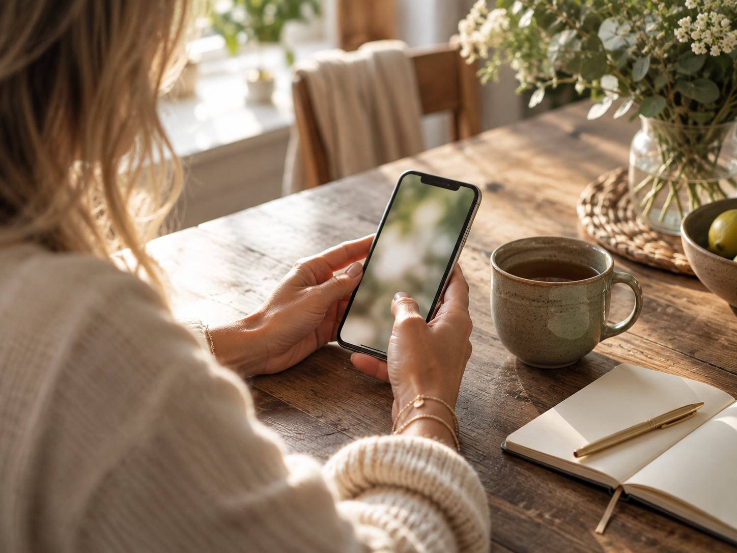 Hände halten ein Smartphone am Küchentisch, daneben eine Tasse Tee und ein Notizbuch
