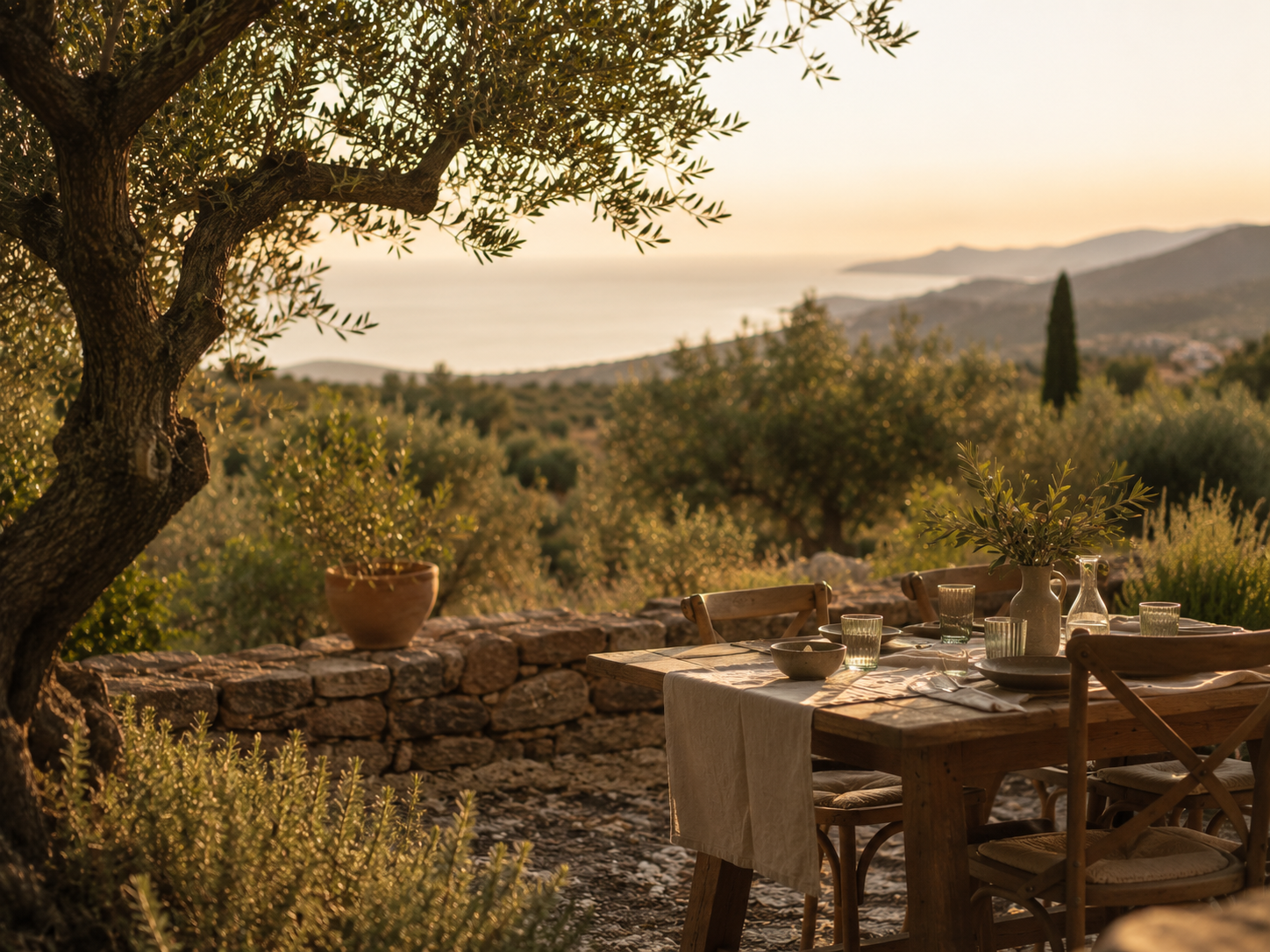Mediterrane Landschaft mit Olivenbäumen und gedecktem Holztisch im Nachmittagslicht